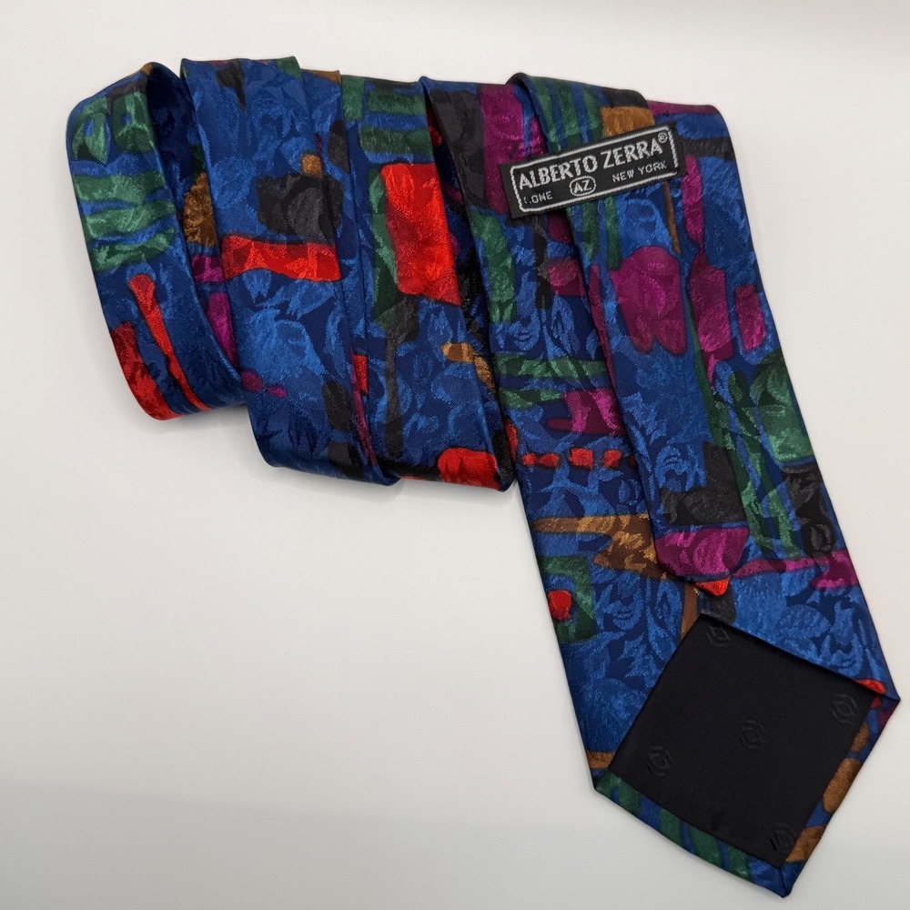 Alberto Zerra Necktie OS Blue Abstract Geometric 90s Retro Silk Tie Jacquard - Picture 3 of 7